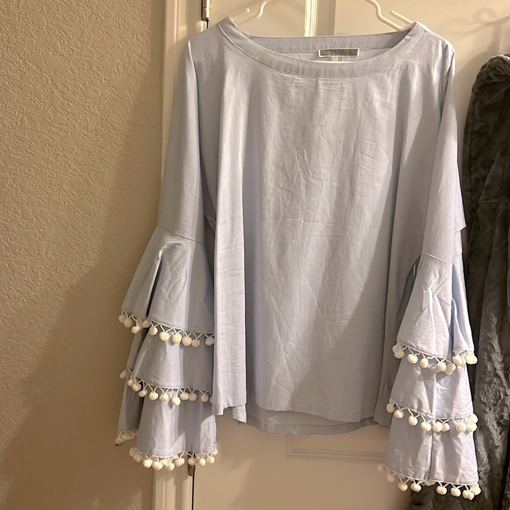 *BRAND NEW* Liquid by Sioni blue Pom Pom sleeve blouse